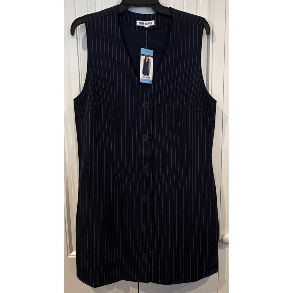 Steve Madden Womens L Navy Pinstripe Vest Dress Sleeveless Button Front NWT